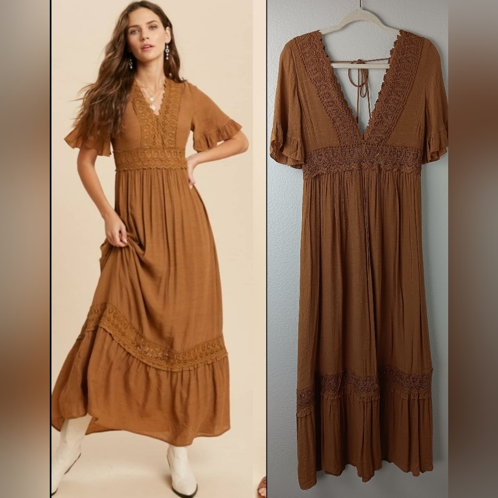 Camel Wishlist Boho Crochet Detail Flowy Maxi Dress